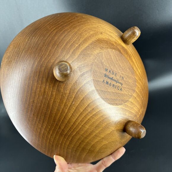 Vintage Footed Wood Salad Bowl Fork Spoon Set By Woodcraftery Made In USA - Picture 15 of 16